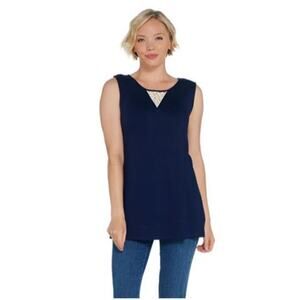 Dennis Basso Sleeveless Knit Tunic Length Tank Lace Navy M  New A310224